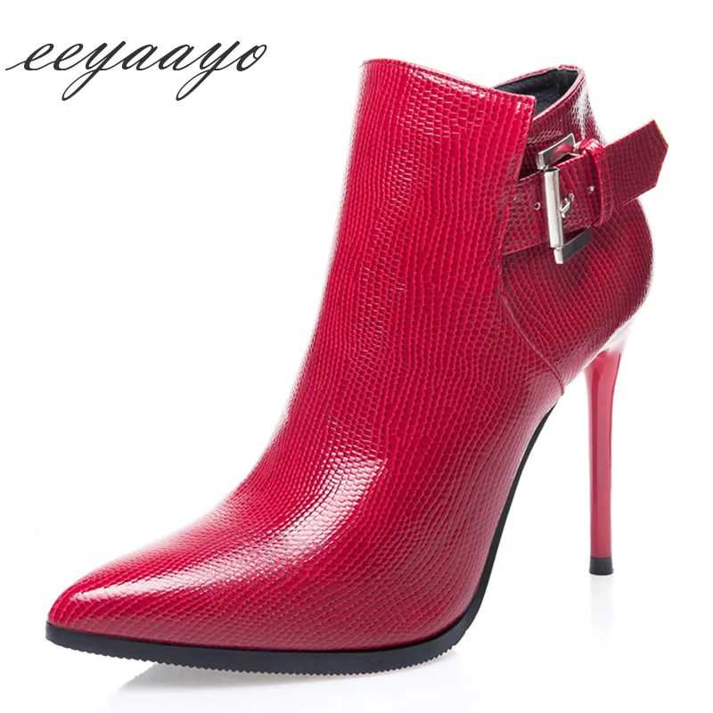 

2019 New Winter Women Ankle Boots High Thin Heel Pointed Toe Zipper Buckle Solid Sexy Ladies Women Shoes Red Female Short Boots