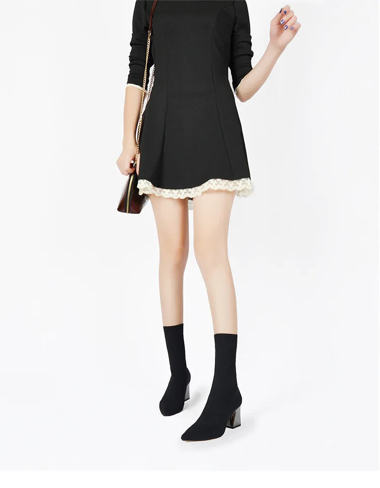 invierno negro sevienoras calcetines de punto tacones altos botas de invierno puntiagudas catidas botines de felpa para mujer