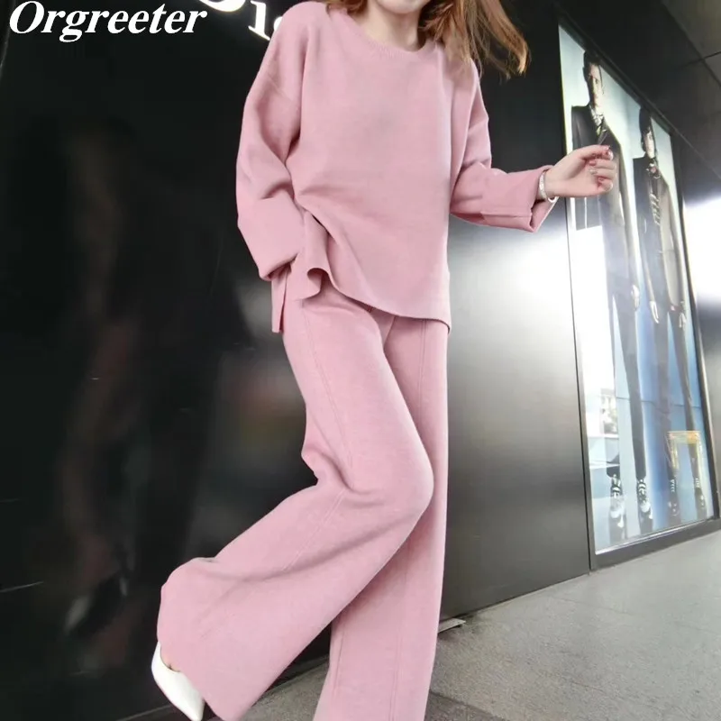 picture color Осенний вязаный свитер женский комплект 2 шт. с круглым вырезом, свободный джемпер с длинным рукавом, топы и штаны, зимний костюм - Цвет: picture color