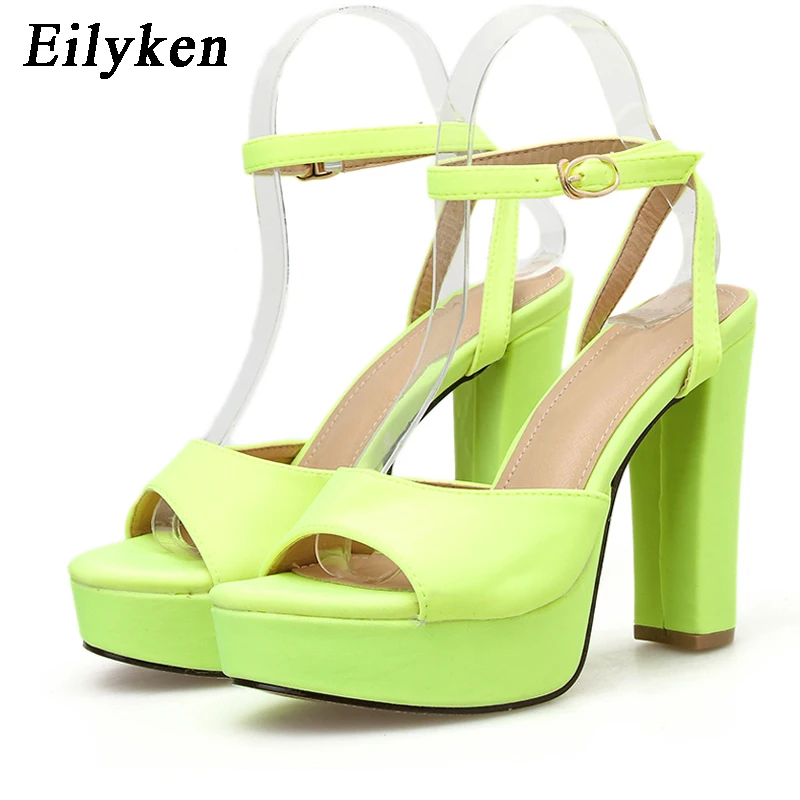 

Eilyken Women Platform Sandals Elegant Green Concise Cozy Fashion Design Square High Heels Ankle Buckle Strap Peep Toe Shoes