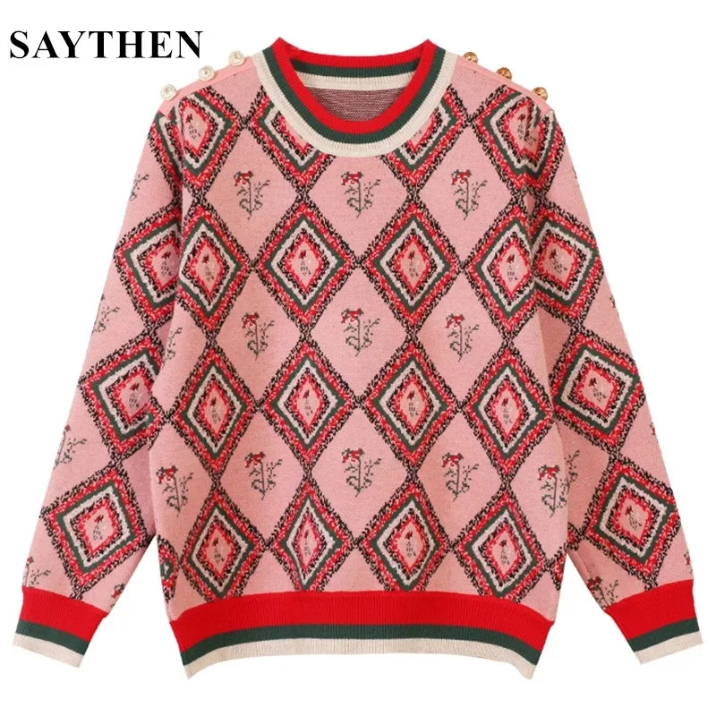 

Saythen 2021 Sweater Women New Loose Retro Rhombus Jacquard Plaid Round Neck Fashion Autumn And Winter Knitted Pullover Tops