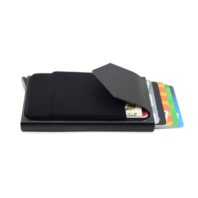 Slim Aluminum RFID Metal Card Holder with Elastic Back Pouch for Travel and ID Essentials