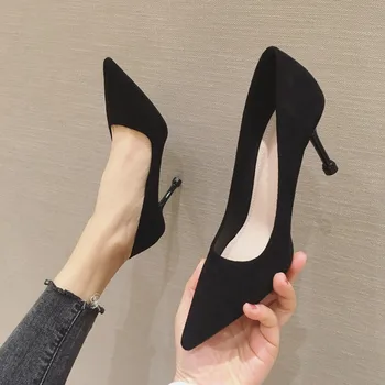 

2020 Spring Autumn Womens Thin High Heel Pointed Toes Pumps Ladies Classic Elegant Delicate Pretty Office Career Flock Shoes