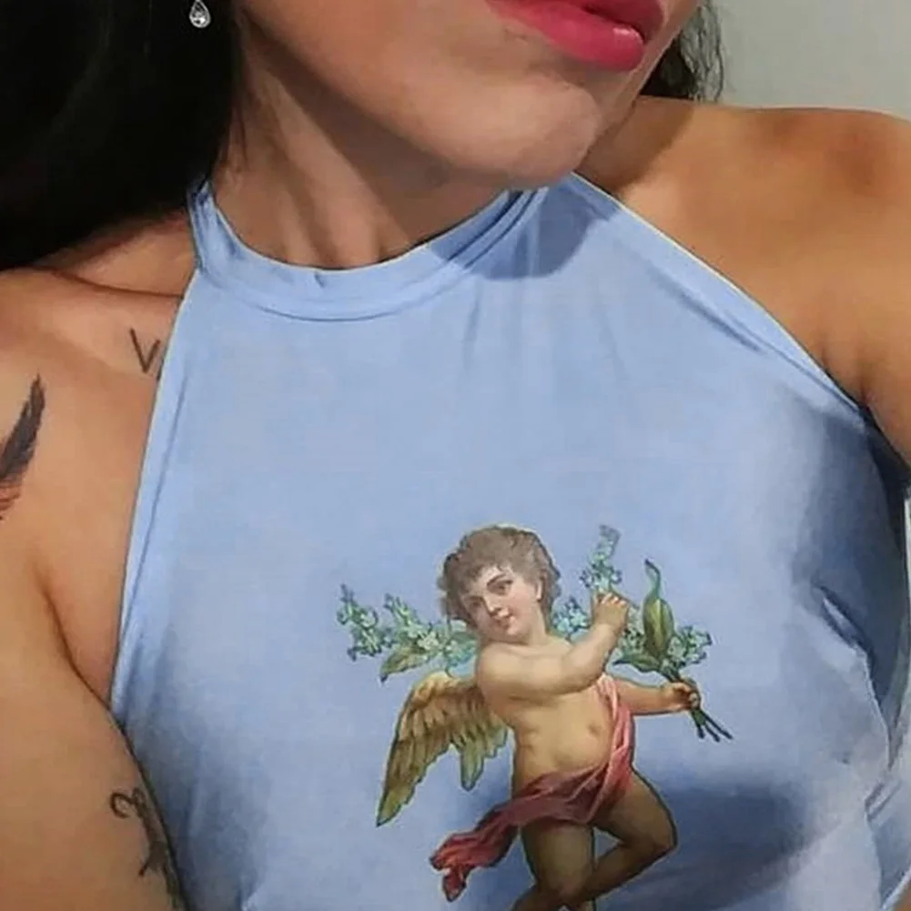 Camisole Vest Sleeveless Short Women Crop Top Casual Cherub Print Halterneck Slim Fashion Backless Summer Sexy Ladies