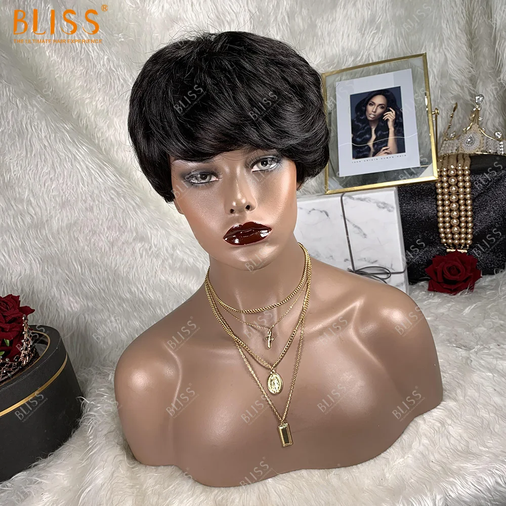 

BLISS Short Bob Wigs Human Hair Pixie Cut Straight Brazilian Machine Made Body Wave Wig For Black Women