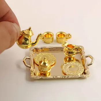 

1: 12 Dollhouse Furniture Miniature Dining Ware Toy 8 Pcs Metal Tea Set Teapot Cup Plate Length 6.5cm