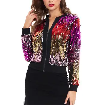 

Women Fashion Autumn Long Sleeve Gradient Color Shiny Sequins Zipper Jacket