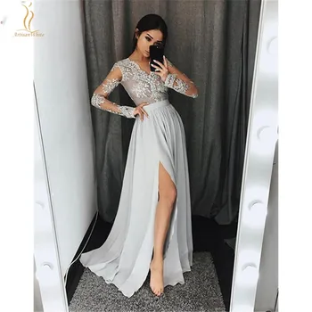 

2020 Sexy Silver Grey Prom Dresses V Neck Appliques Lace Chiffon Long Sleeves With High Split Evening Party Gowns Modest