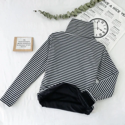 thick stripe 4 Стильные женские вельветовые Теплые толстая футболка в полоску рубашка с длинным рукавом Женская мода воротник-стойка с высоким плотно облегающим шею воротником в полоску рубашки slim fit Топ - Цвет: thick stripe 4