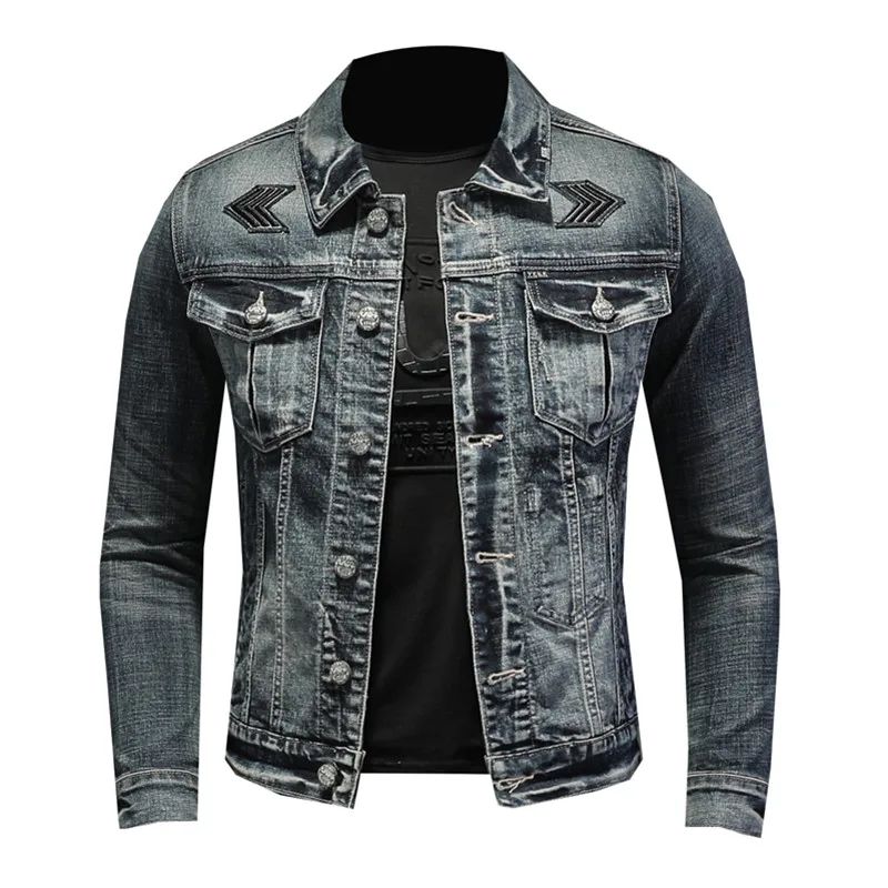 2021Spring Autumn High Quality Men's Pure Color Patch Cloth Single Breasted Slim Retro Motorcycle Long Sleeve Men's Denim Jacket bomber jacket Jackets