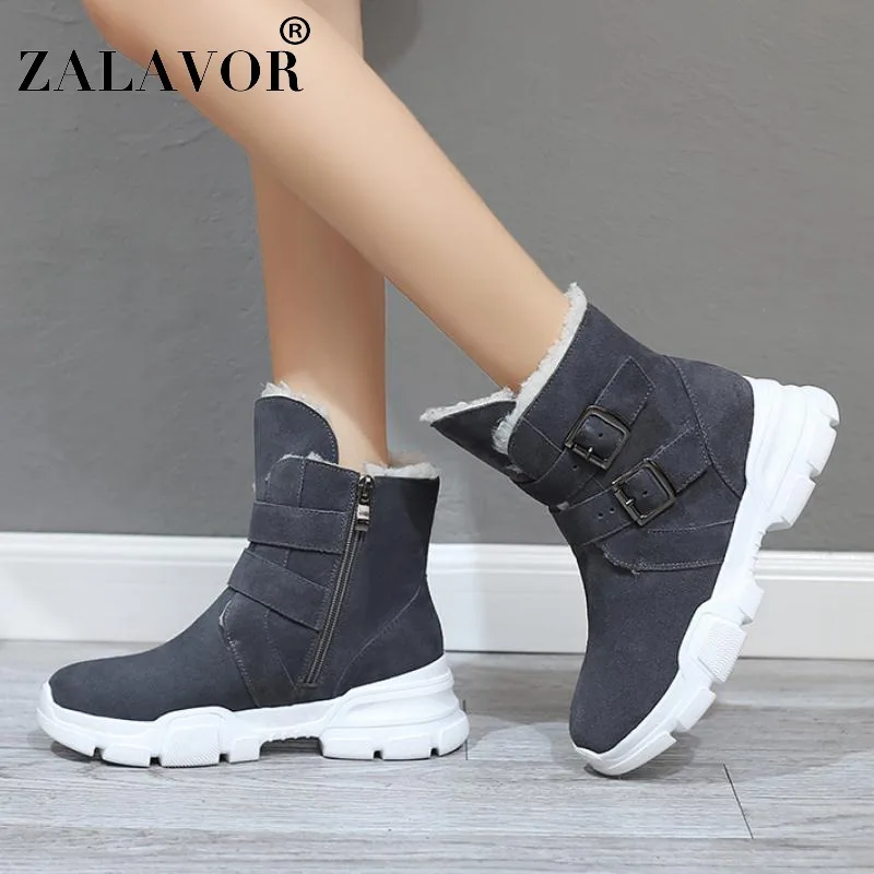 

RIZABINA Women Ankle Snow Boots Real Leather Plush Fur Warm Winter Shoes Women Metal Buckle Casual Flats Footwear Size 34-39