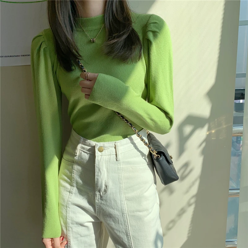 Винтажный буф свитер с рукавами для женщин осень зима половина водолазка пуловеры свитеры вязаный ленивый стиль Джемперы для женщин