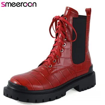 

Smeeroon hot sale genuine leather shoes women ankle boots round toe autumn winter low heel casual shoes women motorcycle boots