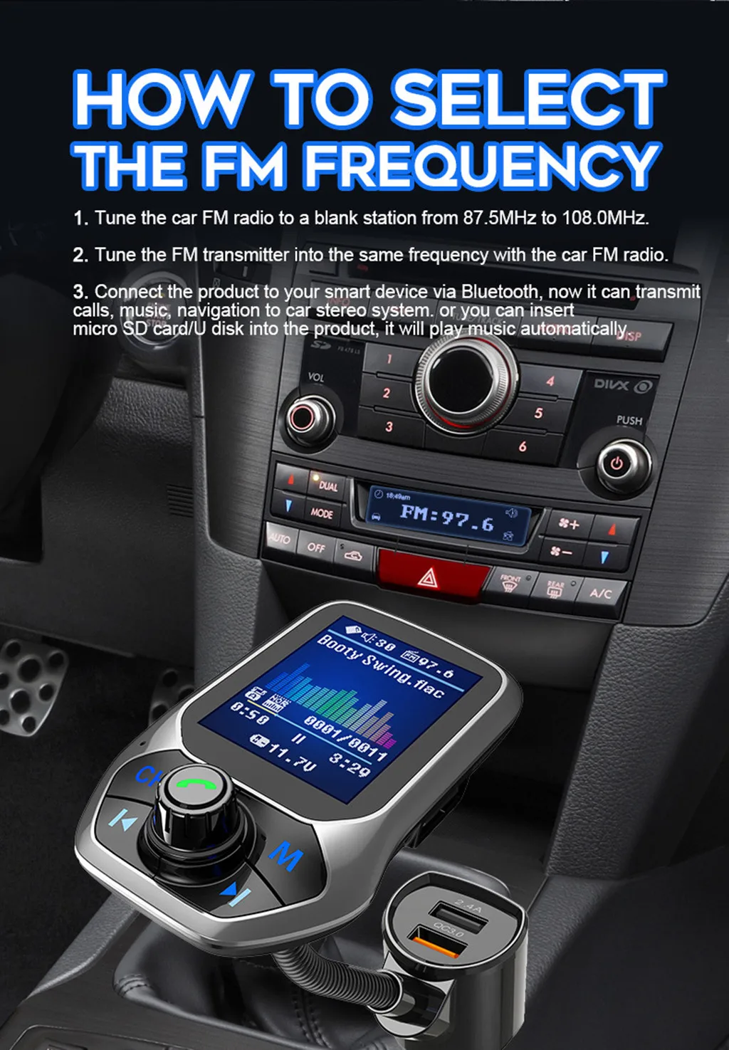 Беспроводной Bluetooth fm-передатчик Автосканирование Неиспользуемая станция радио передатчик адаптер автомобильный QC 3,0 эквалайзер режимы Aux громкой связи