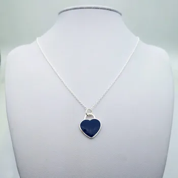 

1: 1 sterling silver 925 classic dark blue enamel heart brand ladies necklace jewelry holiday gift