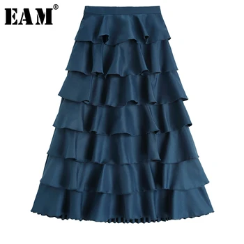 

[EAM] 2020 New Spring Summer High Elastic Waist Black Draped Brief Ruffles Temperament Half-body Skirt Women Fashion Tide JX985