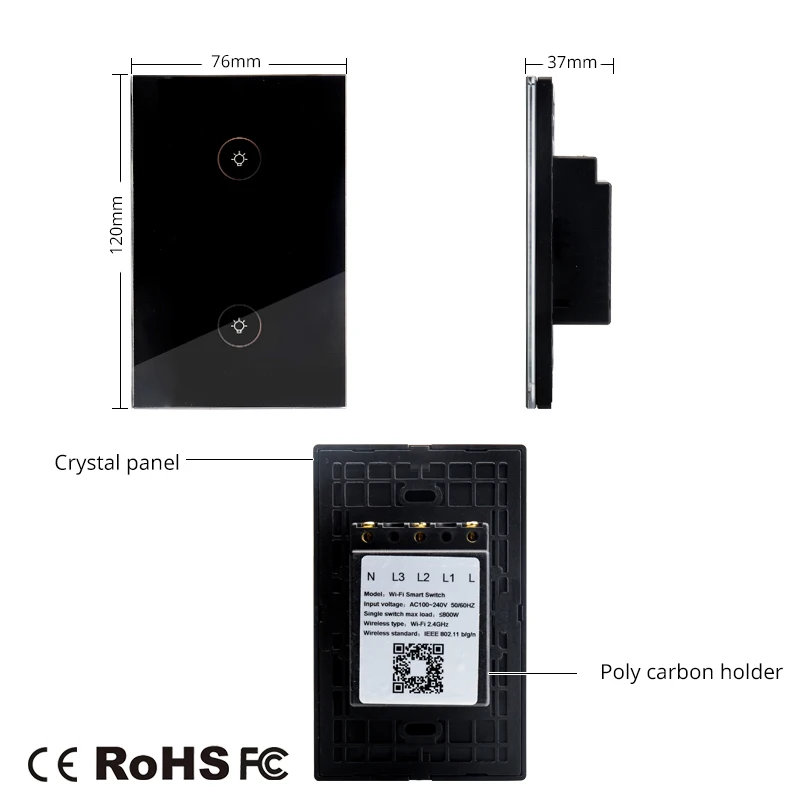 Wifi Smart Black Wall Switch US Socket 2Gang Glass Panel Mobile APP Remote Control No Hub Required for Smart Life AC100-240V