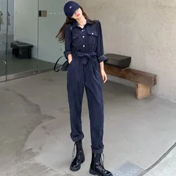 Monos de pana para mujer, petos holgados de manga larga, de una pieza Pantalones rectos, monos de doble botonadura, monos de otoño e invierno, novedad