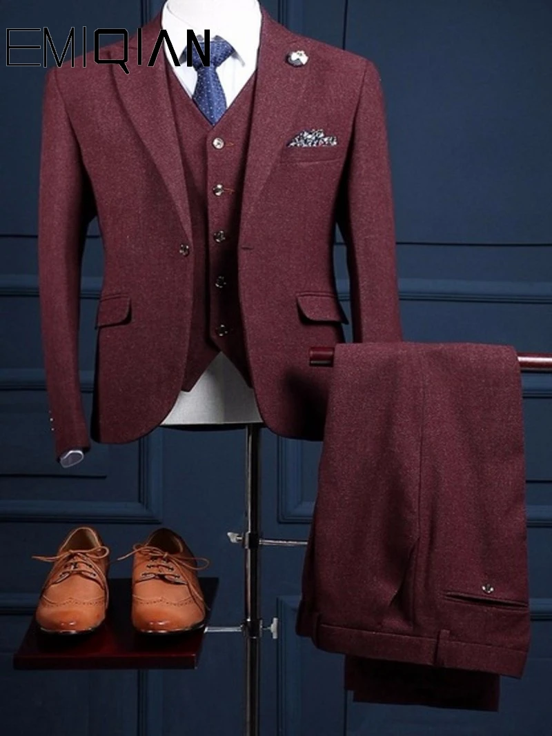 Autumn Winter Tweed Groom Tuxedos Italian Style Man Suit 3 Piece Mens Wedding Prom Party Suits blazer masculino terno men suit set