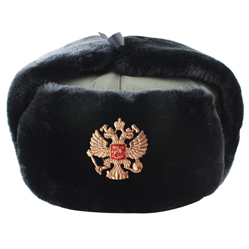 Soviet Military Badge Russia Ushanka Bomber Hats Pilot Trapper trooper Hat Winter Faux Rabbit Fur Earflap Men Snow Caps