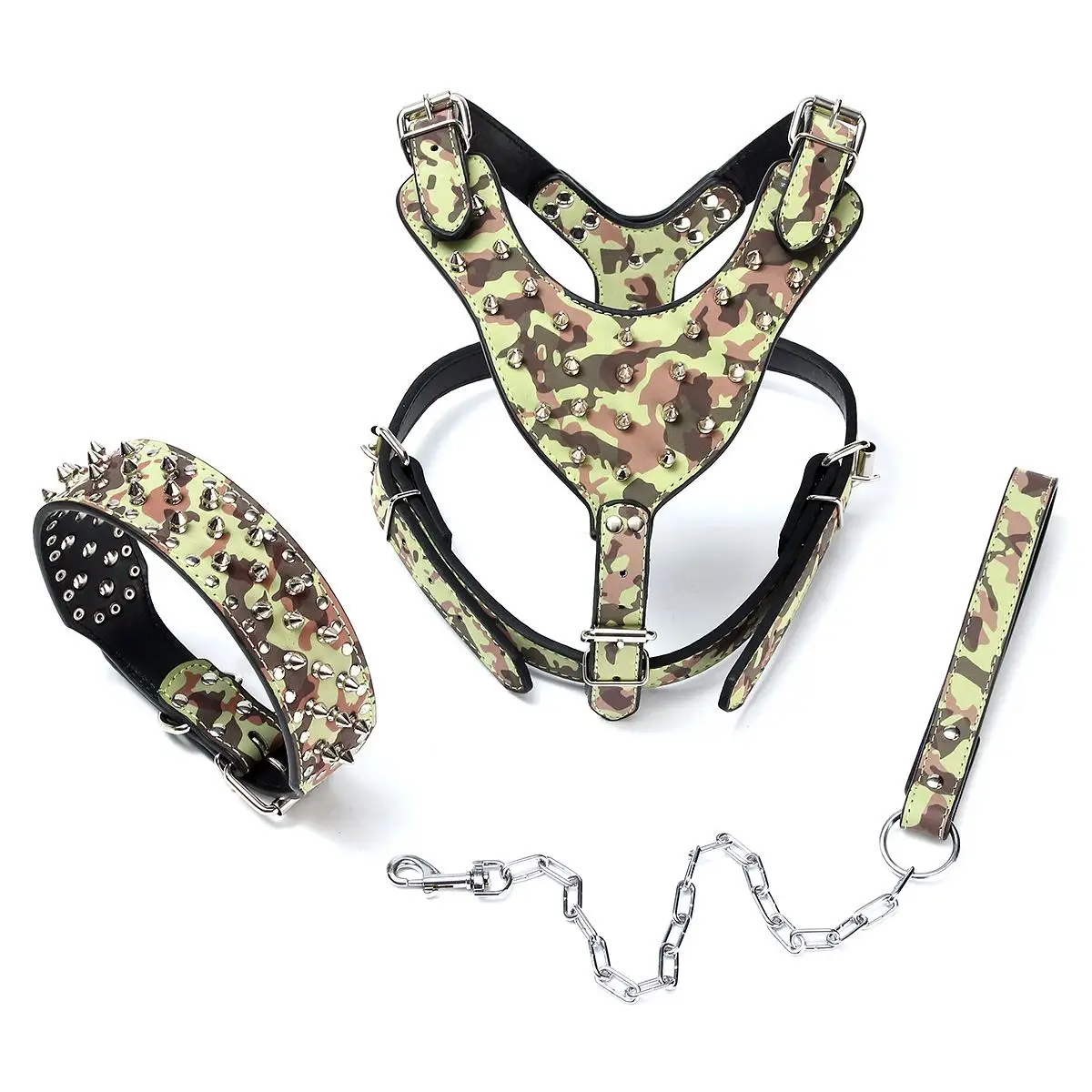 Camouflage M размер кожаная упряжь для собак+ ошейник+ поводок с ручкой набор регулируемые ошейники для собак собака твердая заклепочная обжимка ремни для собак - Цвет: Camouflage
