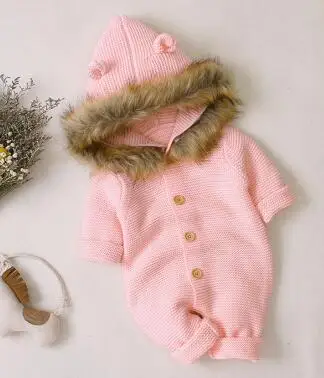 82W479 pink Детские комбинезоны для новорожденных, вязаный Осенний комбинезон с длинными рукавами и меховым воротником для мальчиков и девочек, зимняя детская одежда - Color: 82W479 pink