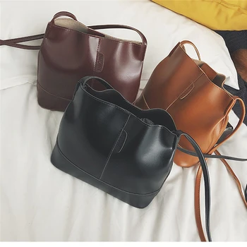 

Fashion Women Pu Leather Ladies Handbags Bucket Shoulder Bags Large Capacity Shopping Bag Vintage Soft bag