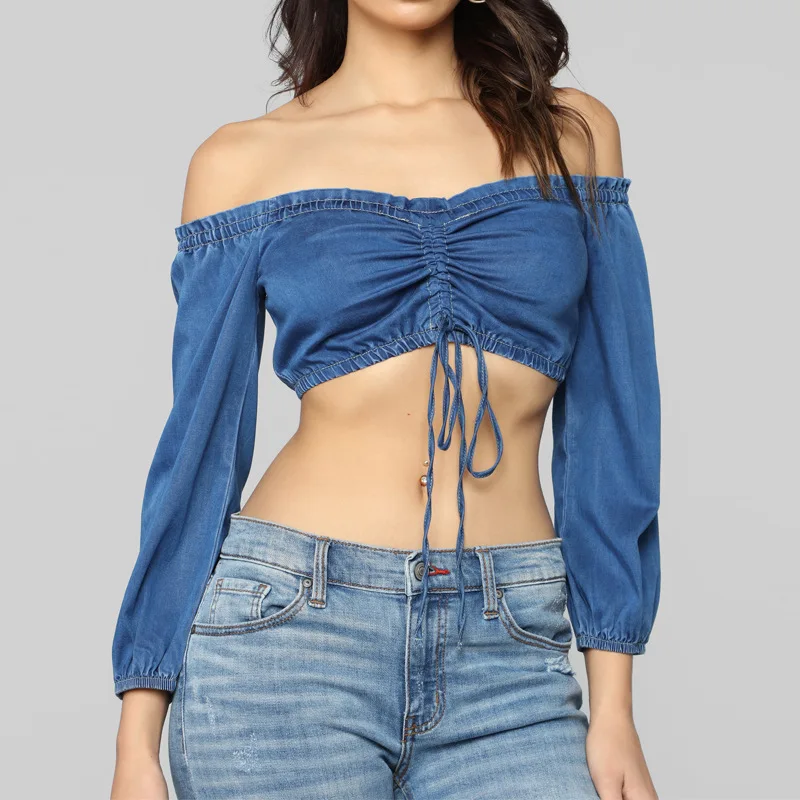 

Summer Fashion Navel Short Top For Women Explosion Personality New Design Cotton Clothes Sexy One-shoulder Denim Ladies Shirt