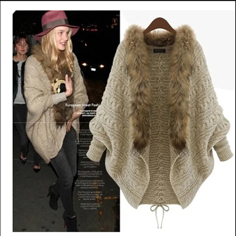 

2020 Cardigan Women Autumn Winter Full V-Neck Knitted Cardigans Long Batwing Sleeve Solid Fur collar Open Stitch Streetwear