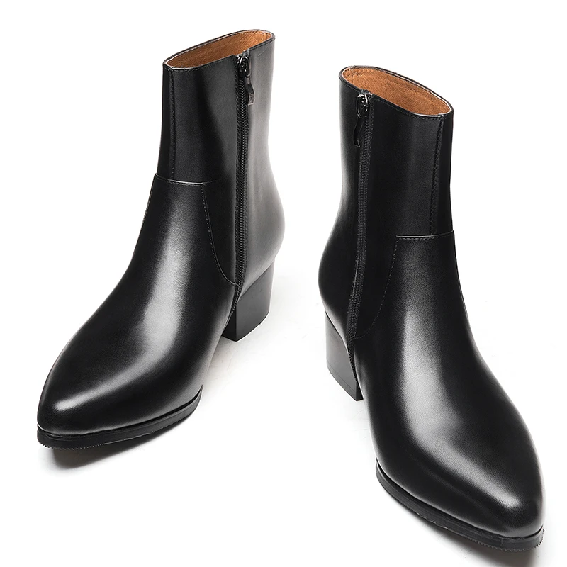 

New cowhide boots Genuine Soft Leather Zipper Boots Pointed Toe Breathable high heels Oxford Dress Shoes For Men Boots