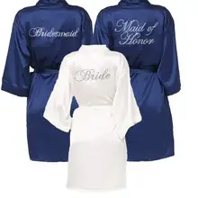 Темно-синий халат Атласный Женский кимоно для невесты Халаты атласный горный хрусталь короткое свадебное кимоно халат невесты Свадебная вечеринка