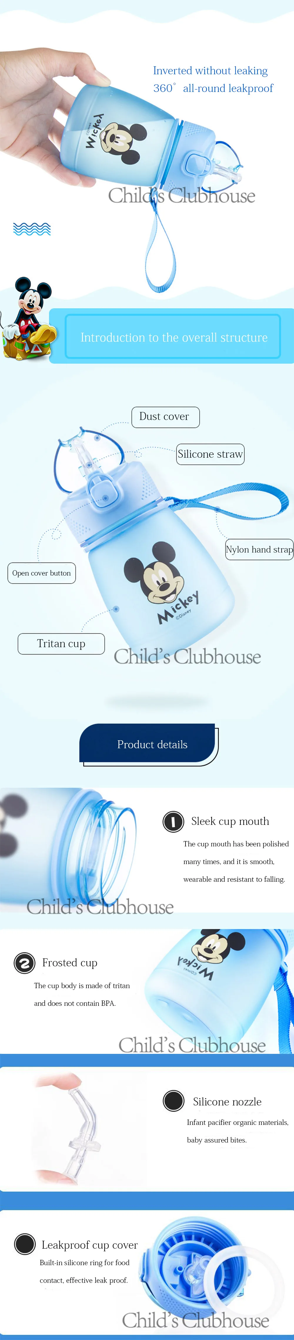 Disney детская чашка с Микки Маусом, Человек-паук, летняя портативная кружка с ремнем для маленьких мальчиков и девочек, креативные чашки для пудинга