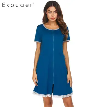 

Ekouaer Women Loose Nightgown Summer Nightwear Dress O-Neck Lace Hem Short Sleeve Pocket Zipper Nightdress Homewear