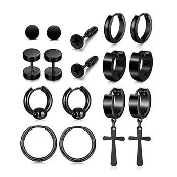 

8 Pair/Set Stainless Steel Earring Set Cross Dumbbell Screw Pendant Ear Jewelry Black