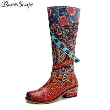 

Bohemian Genuine Leather Boots Patchwork Women Botas Mujer Chaussures Feniminal Leather Belt Med Heel Shoes Retro Ladies Shoes