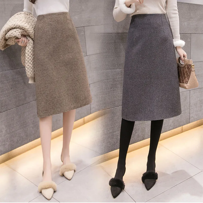 Women's Woolen Fabric Plaid Split Skirt Autumn Winter Female A-line Skirt Vintage High Waist New Knee-length Step Skirts ML268