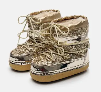 

Genuine Leather Children Snow Boots 2019 Winter Girls Boot Sequins Cotton Shoes Kid's Boat Plus Velvet Baby Warm Cotton Boots