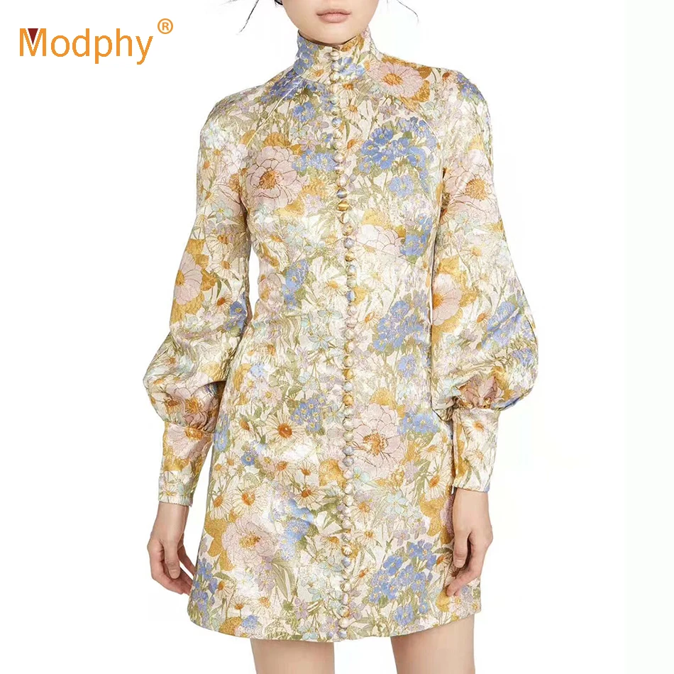 

Spring printed embroidered women's dress turtleneck lantern sleeve button A word mini party runway dress female fashion 2020