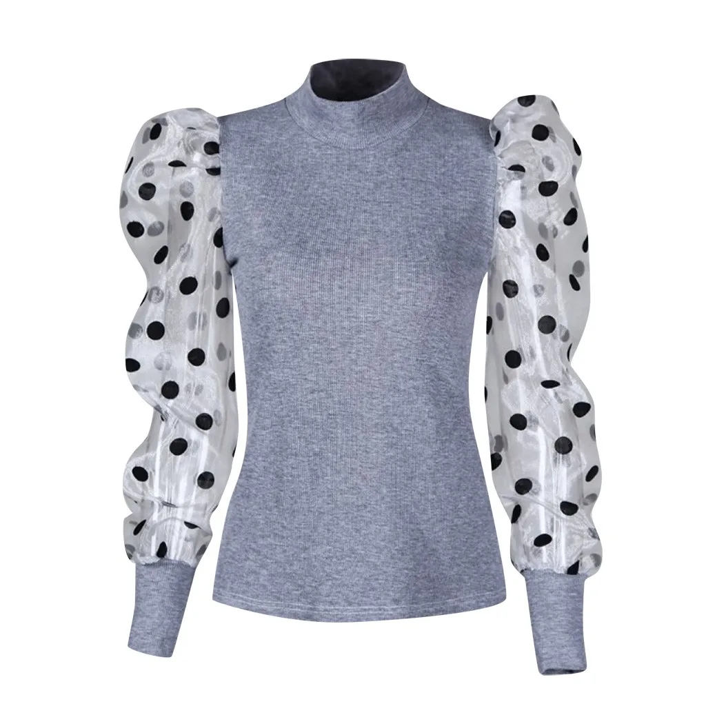 JAYCOSIN, женская блузка, модная, осенняя, волнистая, в горошек, перспективная блузка, рубашка, женские уличные топы, длинный рукав, пуловер с круглым вырезом - Цвет: Gray