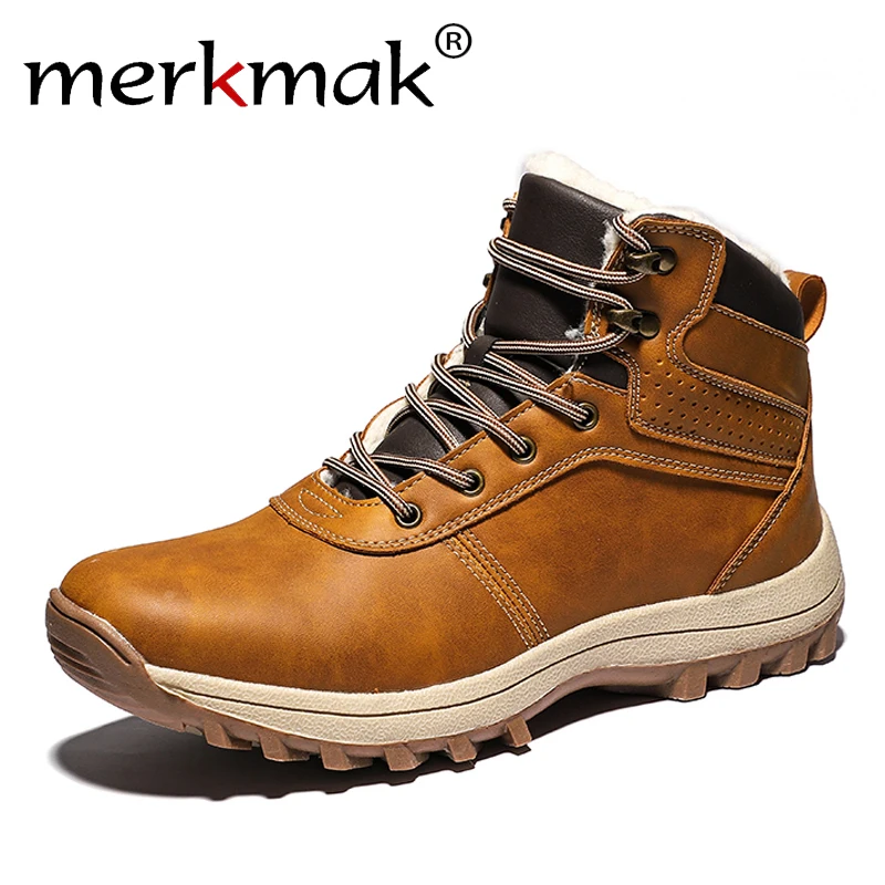 

Merkmak 2019 Brand Winter Men Boots Genuine Leather Ankle Snow With Fur Plush Warm Men Casual Boots High Quality Waterproof Boot
