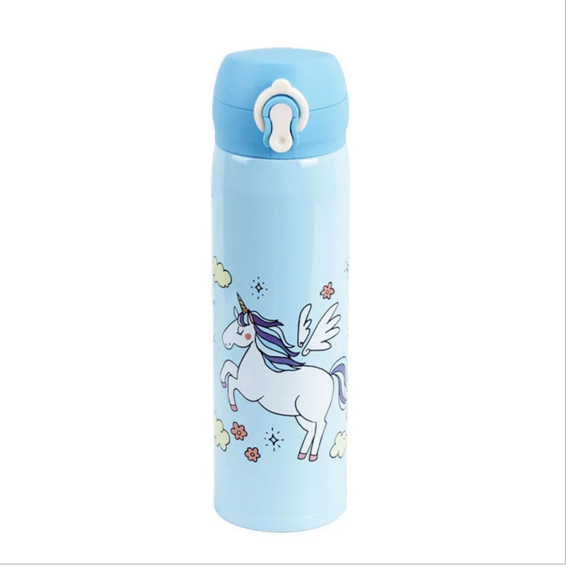 blue-C Бутылка для воды детский подарок кухня, W бутылки для воды 500 мл емкость питьевой воды мультфильм Единорог нержавеющей стали термосы - Цвет: blue-C