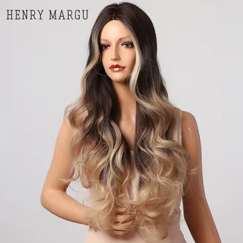 

HENRY MARGU Deep Wave Long Synthetic Brown Blonde Ombre Wigs Natural Daily Cosplay Wigs Heat Resistant Hair Wigs For Women