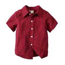 Рубашки в клетку для маленьких мальчиков; летняя стильная детская одежда; красные блузки для мальчиков; рубашка с короткими рукавами и отложным воротником