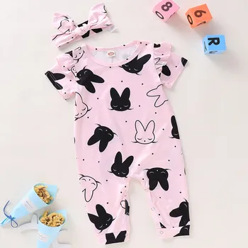 

Summer Baby Romper 0-24M Newborn Infant Girls Short Sleeve Cartoon Rabbit Printed Pink Ползунки Jumpsuit+Headband 2pcs Outfits