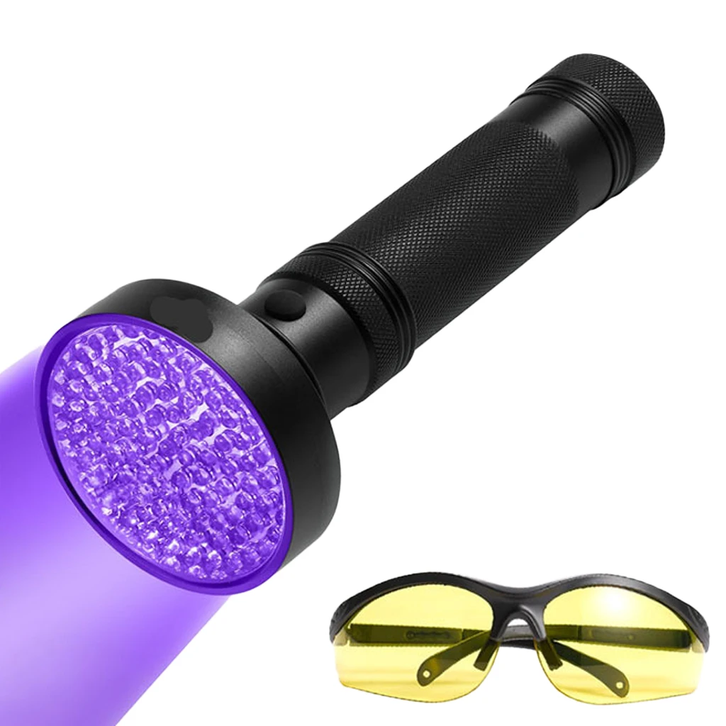 100 LED UV Blacklight Flashlight 395nm Ultraviolet Light Lamp With Goggle