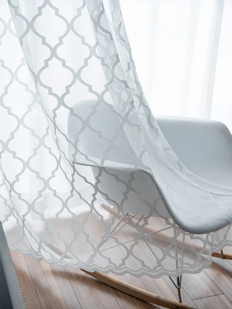 White Embroidered Tulle Curtains For Living Room Modern Diamond Gauze Sheer Voile Curtain For Bedroom Window Treatment Drapes - Image 3