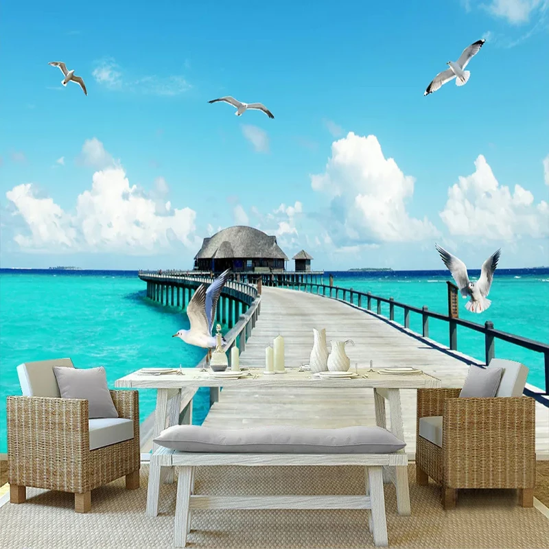 

Drop Shipping Custom 3D Photo Wallpaper Modern Seascape Wooden Bridge Sea Blue Sky Scenery Background Wall Painting Mural