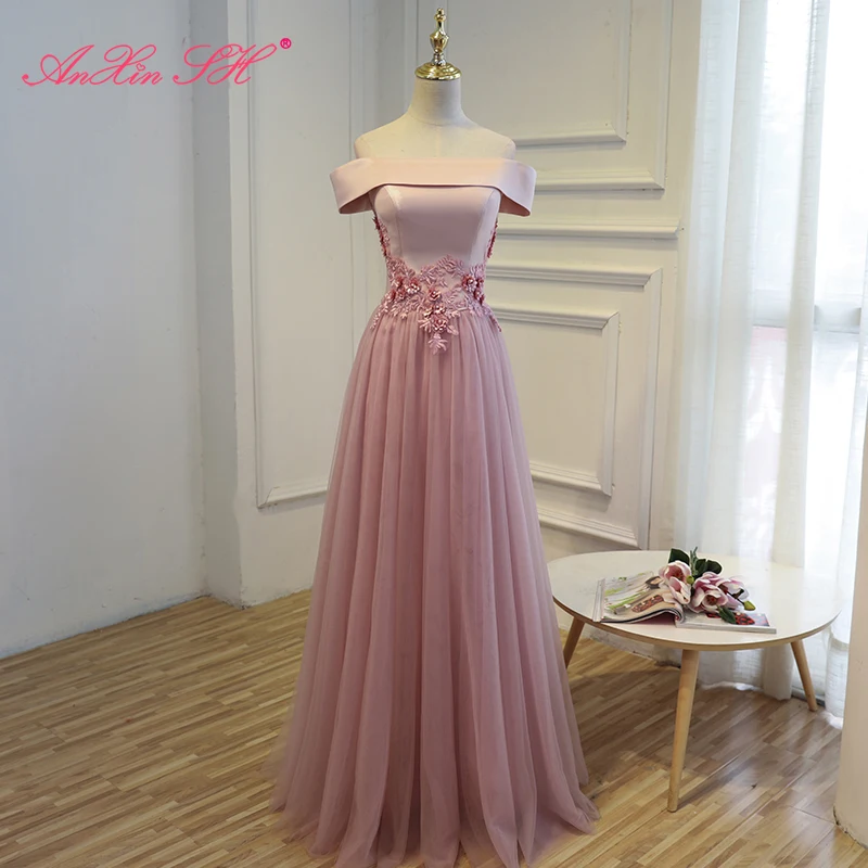 AnXin SH Pink flower lace new style boat neck satin slim a line evening dress hostess beading grey little black | Свадьбы и