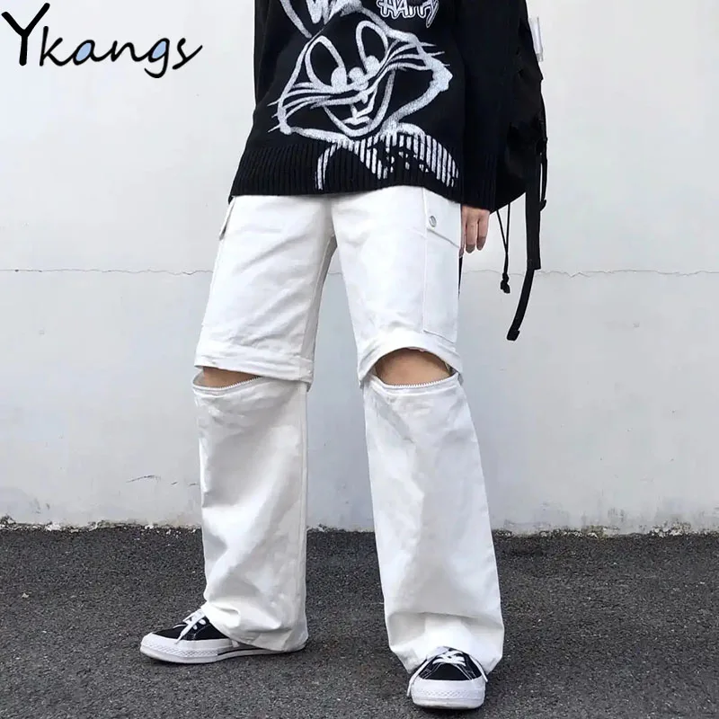 

Oversize Removable Baggy High Waist Pants Joggers Women Straight Pockets Wide Leg Pants Korean Style Loose Hippie Woman Trousers