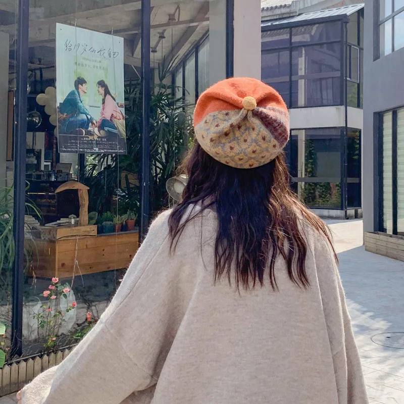 Harajuku берет шапки для женщин и девушек Британский Винтаж художника шляпа на зиму Осень Лоскутная шерсть восьмиугольная шапка Прямая поставка